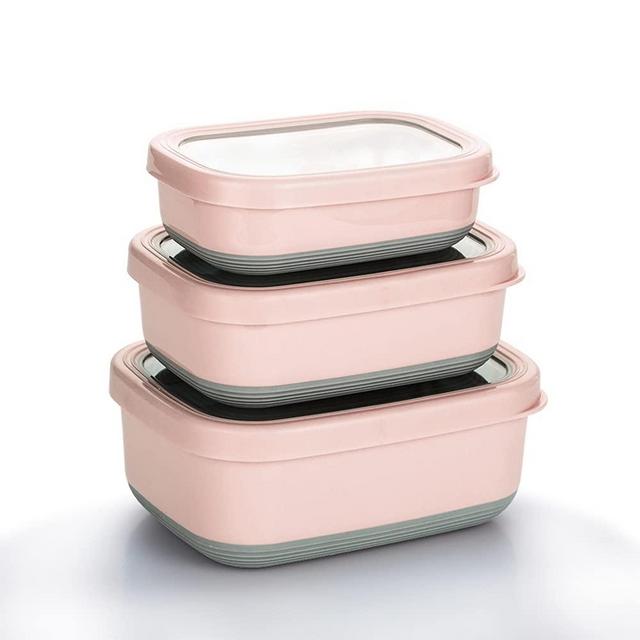 Lille Home Premium Stainless Steel Food Containers/Bento Lunch Box With Anti-Slip Exterior, Set of 3, 470ML, 900ML,1.4L, Leakproof, BPA Free, Portion Control, Pink