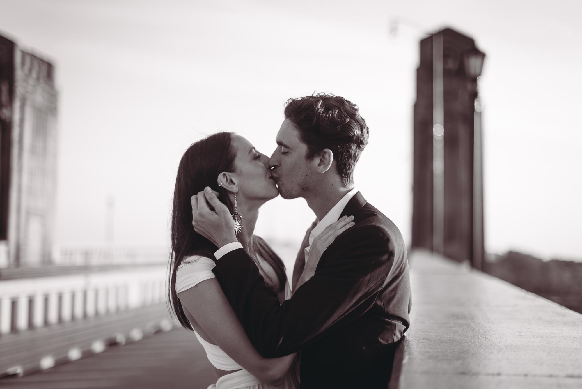 Engagement photo session on Hope Memorial Bridge in Cleveland; July 2021