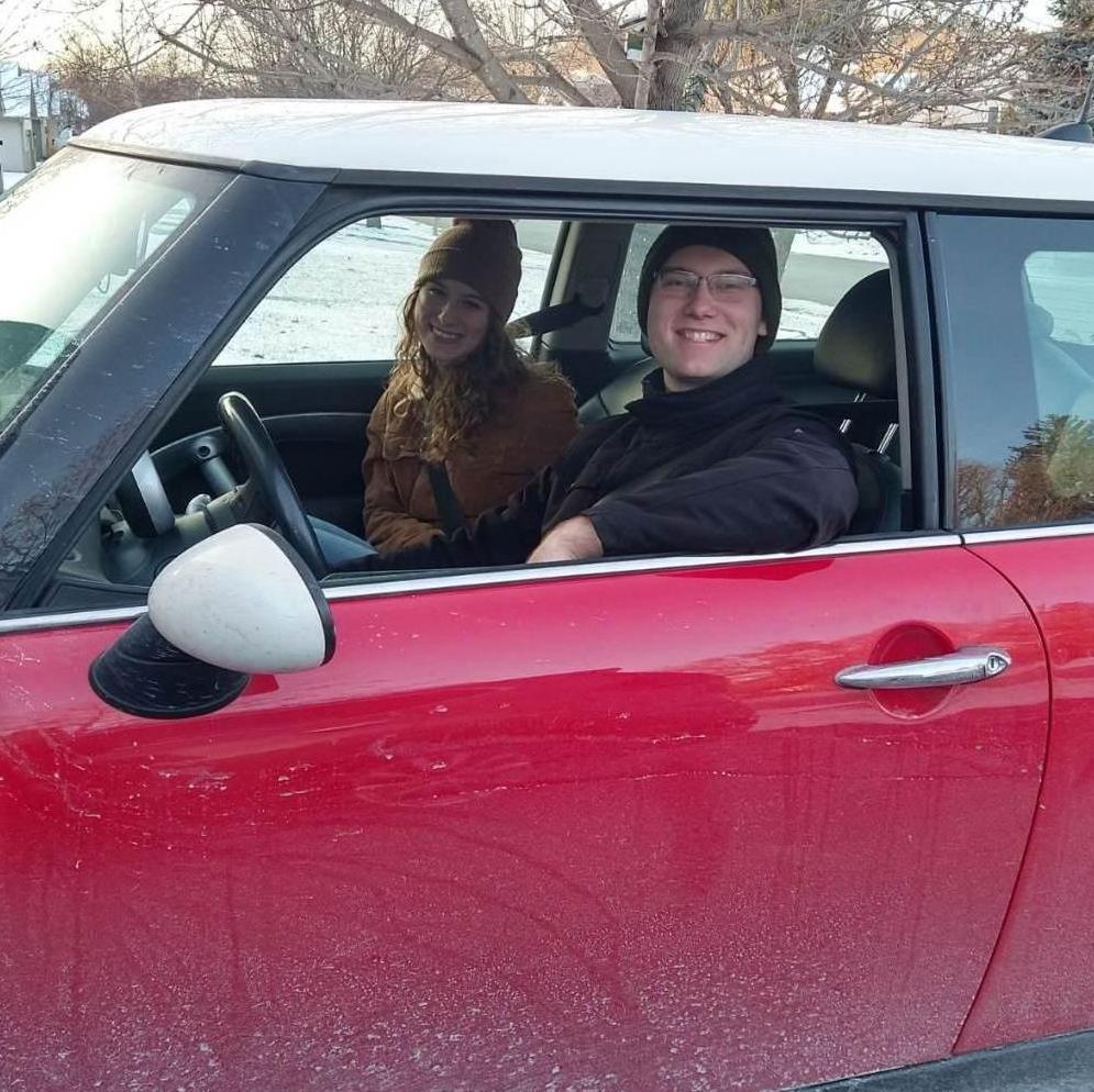 Mark taking Brouke for a spin in his Mini Cooper!