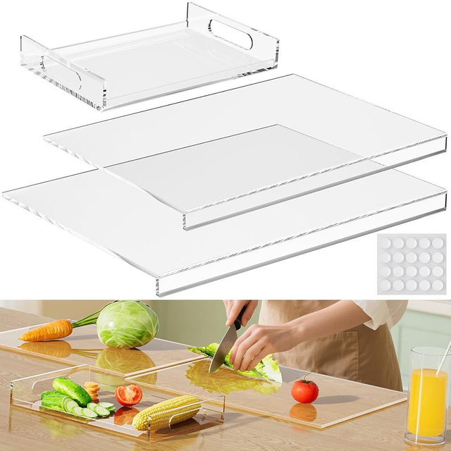 HELPLEX Acrylic Cutting Board Set of 3 with Counter Lip, 17.5x13.5 & 16x12 Inch Clear Cutting Boards + 8x12 Tray, Non-Slip Kitchen Counter Protector, Apartment Essentials & Gift for Home Cooks