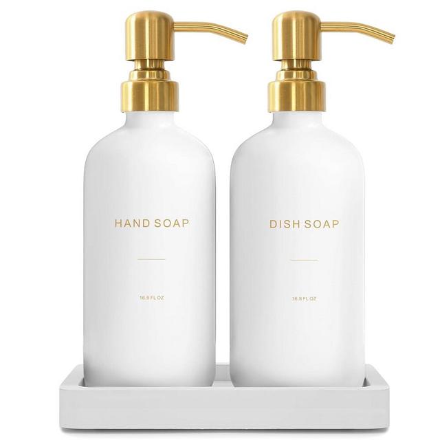 Prus Waso Gold Soap Dispenser Set, Glass Soap Dispenser with Gold Stainless Steel Pump, Perfect for Modern Kitchen Counter Decor. (Gold)
