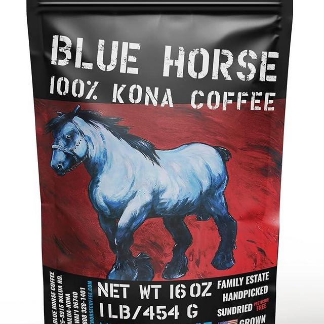 Farm-fresh: 100% Kona Coffee - Medium Roast - Arabica Whole Beans - 1 Lb or 16 oz Bag - Blue Horse 100% Kona Coffee from Hawaii