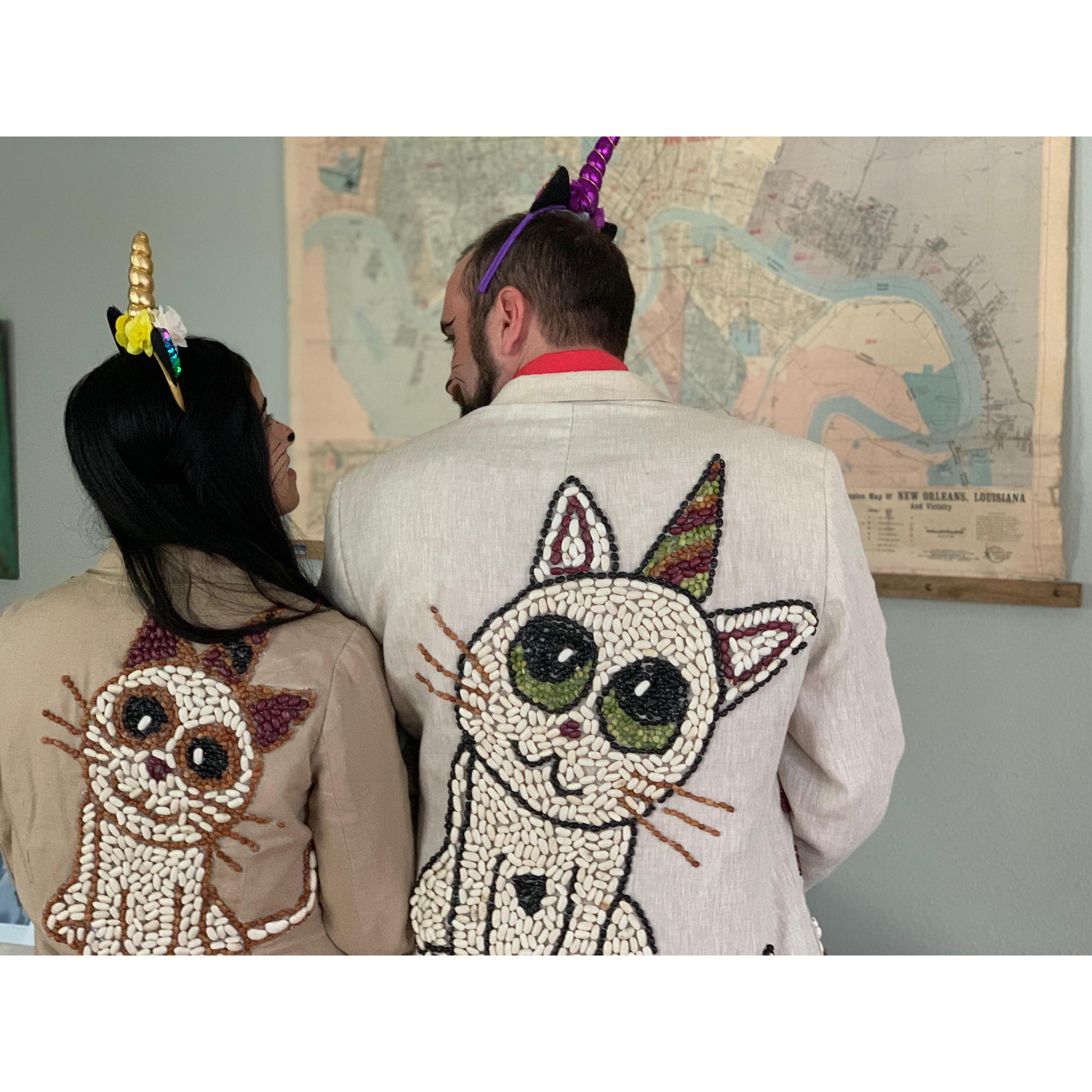 Bean by bean we created our Unicorn Kitty suits for the Krewe of Dead Beans. Every year we make a new suit and parade on Lundi Gras Day, 2020.