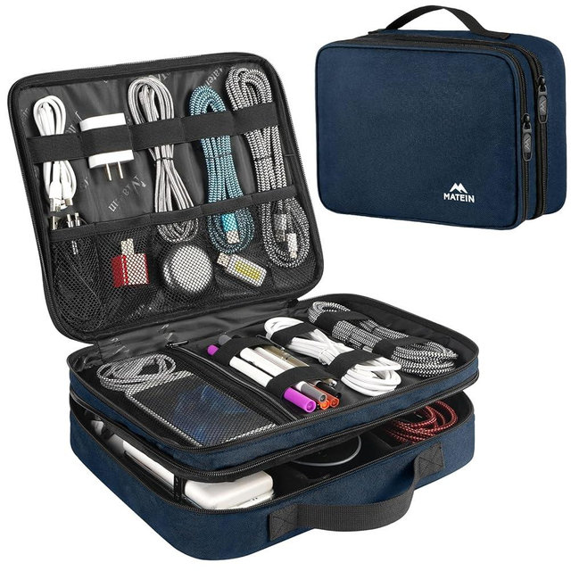 MATEIN Cord Organizer Travel for Men, Large Travel Accessories Changer Case for Cables, Cell Phone and Tablet (Up to 12.9inch), Portable Double Layers Cable Organizer Box, Navy Blue, Tech Gifts