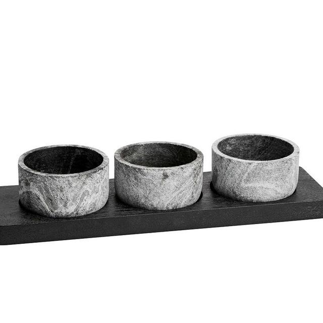 Black Wood & Marble Triple Condiment Serving Bowl