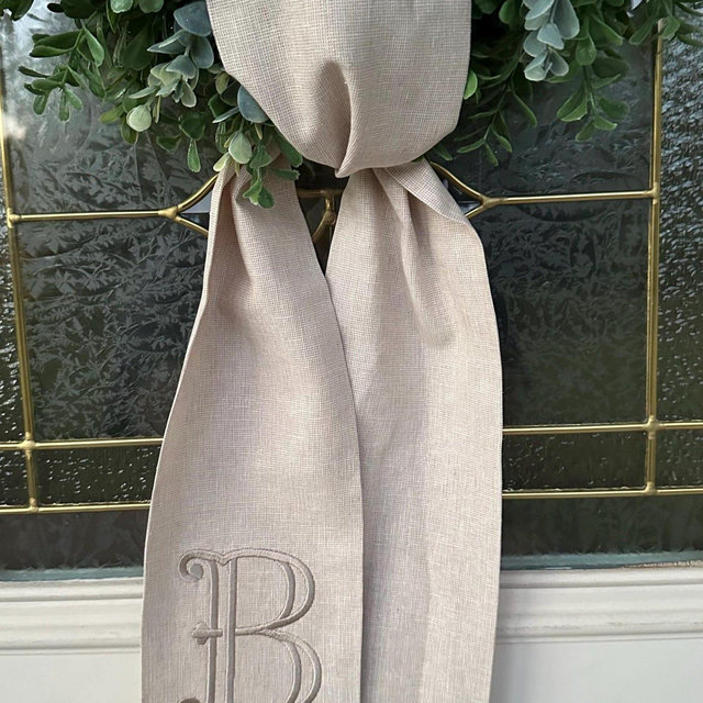 Monogrammed Linen Wreath Sash: Embroidered Door Hanger