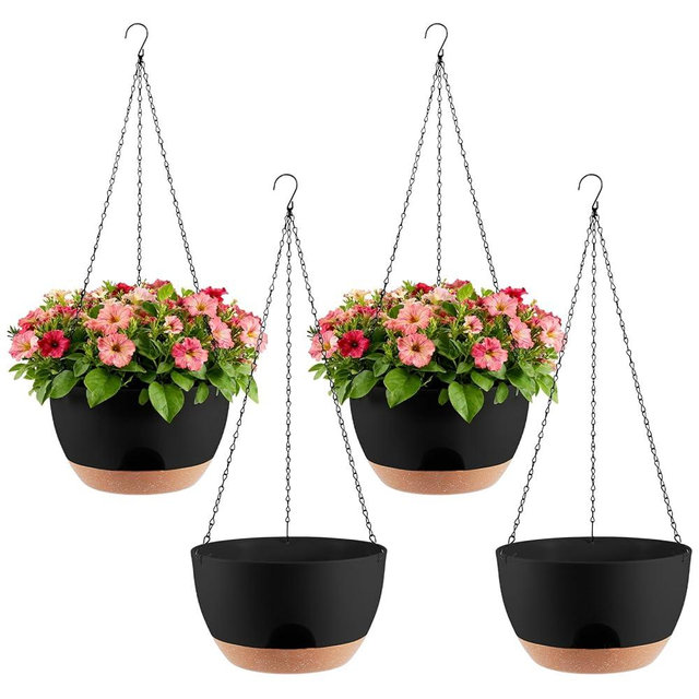 WUCEIAUU 4-Piece Set of 8-Inch Hanging Planters with Automatic Watering System and Drip Tray, Includes Metal Chain, Suitable for Various Indoor and Outdoor Plants and Flowers, Black-Brown