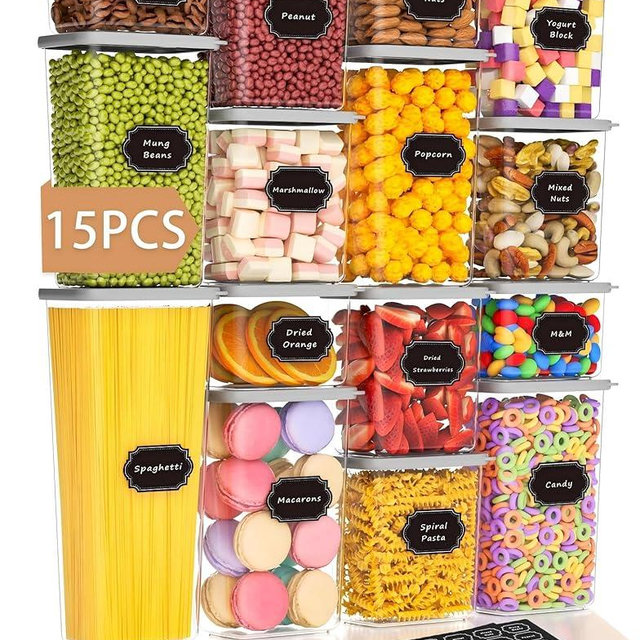 Homhut Airtight Food Storage Containers With Lids 15pcs Organization Canisters Kitchen Bpa Free Plastic Pantry Containers Storage Set for Pasta, Cereal, Dry Food, Flour and Sugar-60 Labels