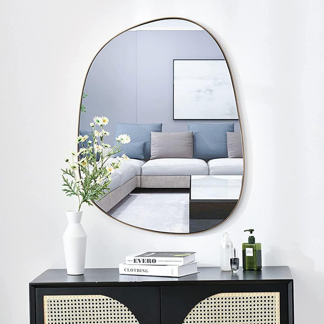 ELEHUME Asymmetrical Mirror for Wall Decor 27"*35", Modern Brass Framed Wall Mirror for Living Room Bathroom Bedroom Entryway