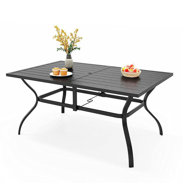 PHI VILLA 60'' Outdoor Dining Table for 6, E-Coating Metal Patio Table with 1.57" Umbrella Hole, All-Weather Resistant Rectangular Table for Patio, Backyard, Garden