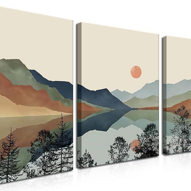 AKWISH Framed Mountain Canvas Wall Art Set of 3, Boho Watercolor Poster Prints Painting, Sun Forest Abstract Nature Landscape Artwork Wall Decor for Living Room, Bedroom, Office 16x24 In