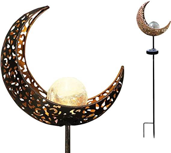 SFgift Garden Solar Lights Outdoor Bronze Moon Crackle Glass Globe Stake Metal Lights Waterproof Warm White LED for Pathway Lawn Patio or Courtyard