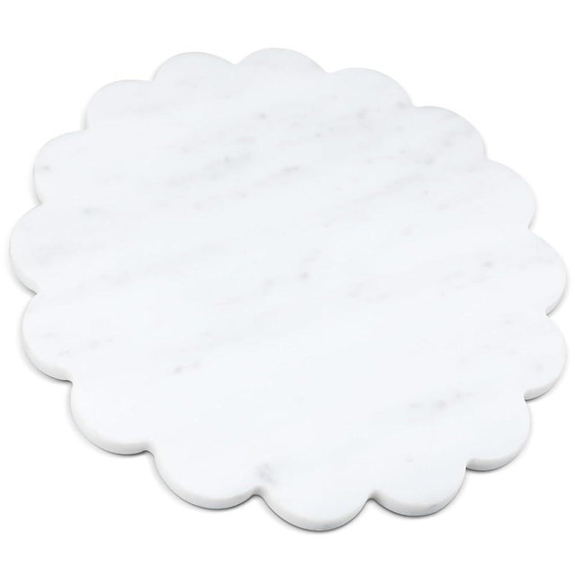 Newtay 12 Inches Marble Cutting Board Round Cheese Board Marble Charcuterie Board Circle Marble Slab Multi Purpose White Scalloped Cutting Board with Non Slip Feet for Kitchen Bread Cheese Pizza