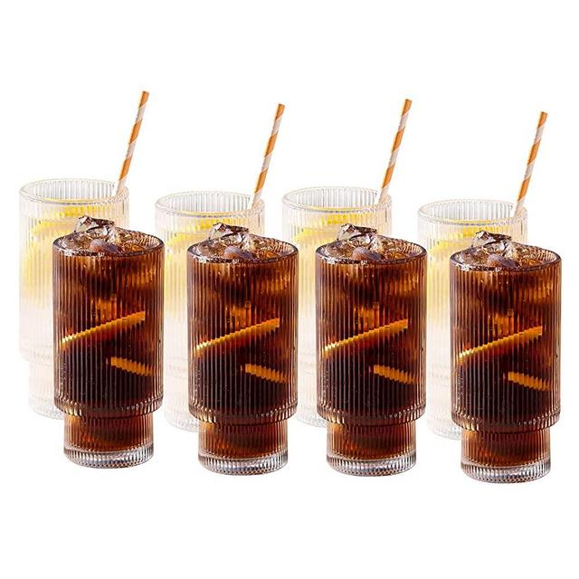 Combler Drinking Glasses, Rocks Cocktail Glasses 6 oz, Ribbed Glass Cups  Set of 4, Coffee Bar Accessories, Cute Ribbed Glassware for Whiskey Beer  Tea