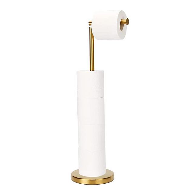 Toilet Paper Holder Gold, Free Standing Toilet Paper Holder Stand with Reserve for 4 Spare Rolls, Sturdy Base, Toilet Tissue Paper Roll Storage Shelf (Stainless Steel Base, Gold)