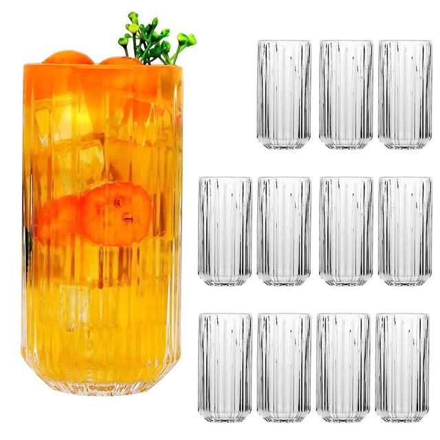 QAPPDA Highball Glasses Set of 12,Vintage Ribbed 13oz Drinking Glasses,Origami Style Glass Cups Everyday Glassware for Cocktail,Whiskey,Juice,Water