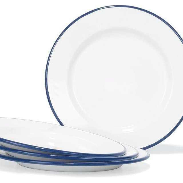 Red Co. Set of 4 Enamelware Metal Classic 10" Round Dinner Plate, Solid White/Navy Blue Rim