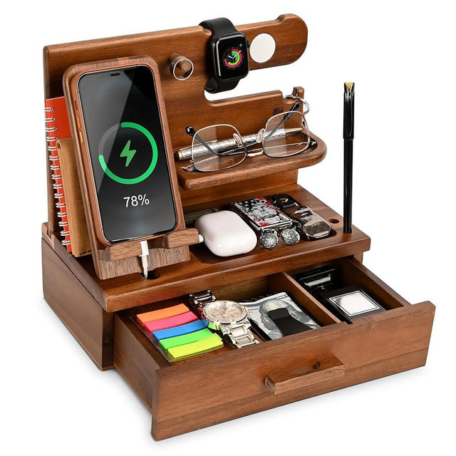 TESLYAR Wood Phone Docking Station with Drawer - Nightstand Organizer - Desk Organizer for Husband - Birthday Gifts for Men or Dad - Anniversary Idea - Key Holder Stand Watch & Accessories (Walnut)