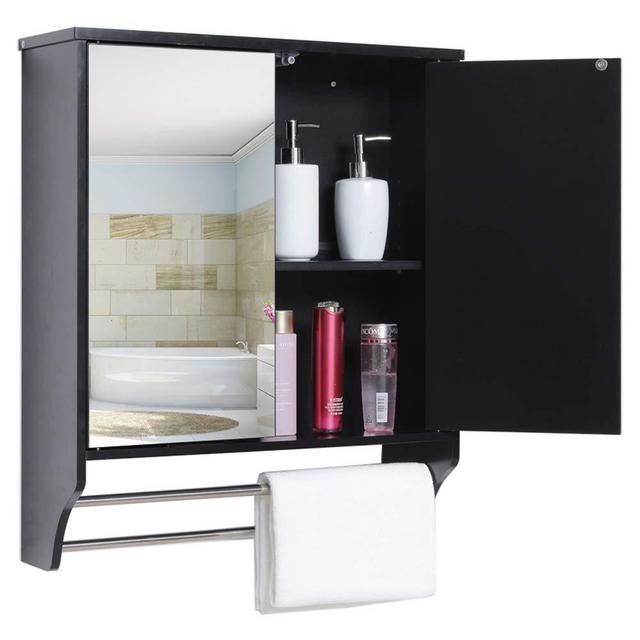 USIKEY Bathroom Wall Cabinet, Wall Mounted Medicine Storage Cabinet with Double Mirror Doors, Multipurpose Wall Hanging Cabinet with Adjustable Shelves for Bathroom or Living Room,Black