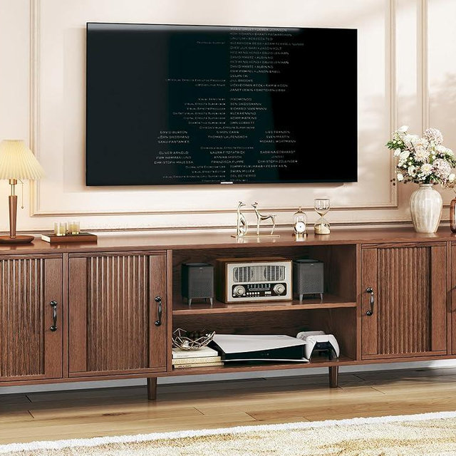 HUAHUU TV Stand for 75 inch TV, Mid Century Modern Entertainment Center for 55/60/65/75 inch TV, with Fluted Door Cabinets & Open Shelves, TV Consoles, Walnut