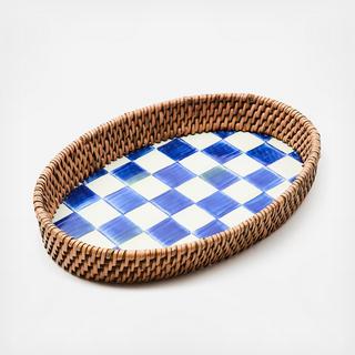 Royal Check Enamel & Rattan Serving Tray