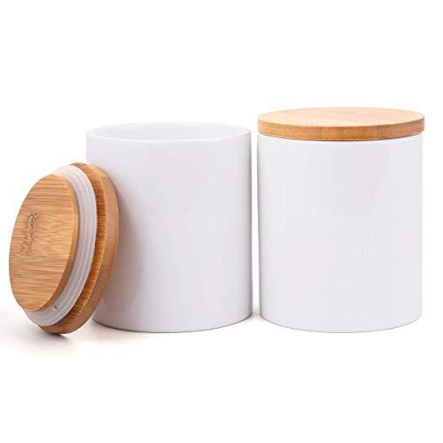 Lawei 2 Pack Ceramic Food Storage Jar with Airtight Seal Bamboo Lid - 10 oz Ceramic Canister Storage jar Sugar Bowl Salt Container Coffee Tea Jar