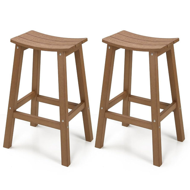 Stoog All-Weather Bar Stools Set of 2, 28" Outdoor Barstools with 400 lbs Capacity, Realistic Wood-Grain Texture, for Bar, Kitchen Counter, Pool & Patio, Teak