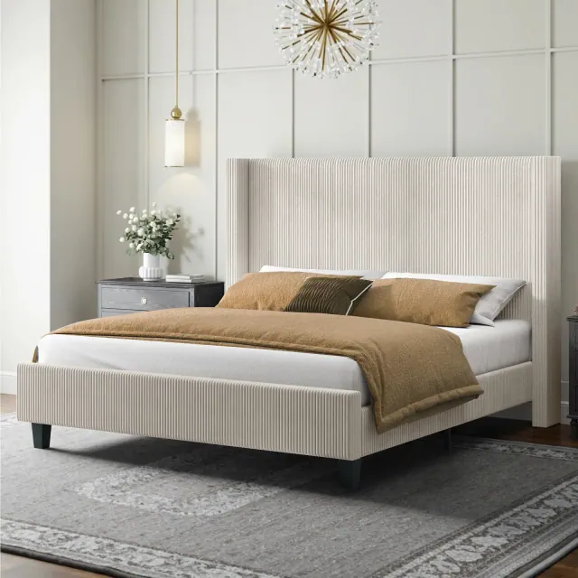 AMERLIFE King Size Upholstered Bed Frame with 50.8" Tall Headboard, Cream