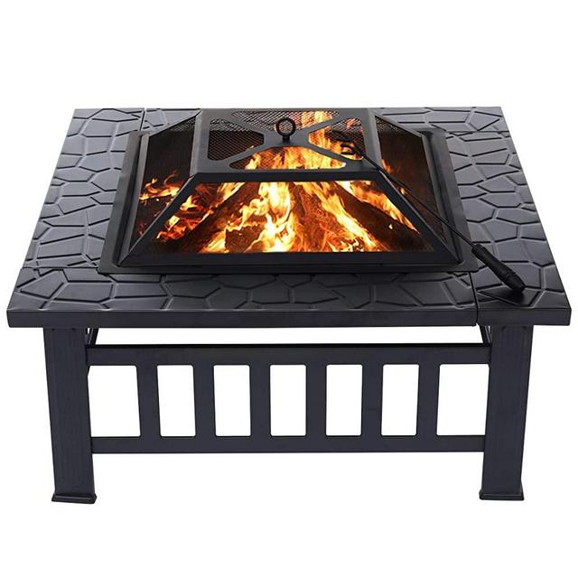 32 Inch Fire Pit Table for Outside Square Metal Firepit Outdoor Wood Burning Large Steel Bonfire Pit for Patio Backyard Garden with Waterproof Cover,Spark Screen,Log Grate,Poker