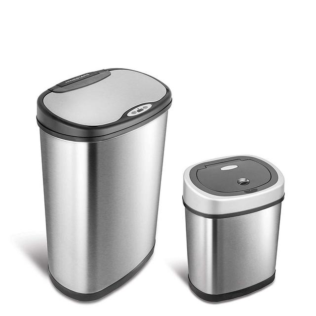Fuzhou NaShiDa Electronic Co. - NINESTARS CB-DZT-50-13/12-9 Automatic Touchless Infrared Motion Sensor Trash Can Combo Set, 13 Gal 50L & 3 Gal 12L, Stainless Steel Base (Oval, Silver/Black Lid)