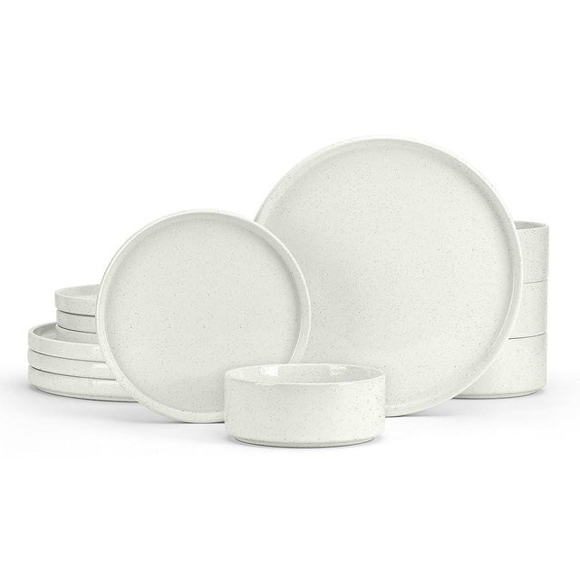 E-far Stoneware Dinnerware Sets, 12-Piece Plates and Bowls Dish Set for 4, Kitchen Modern Dinning Ware, Chip and Scratch Resistant, Microwave & Dishwasher Safe, Speckled White