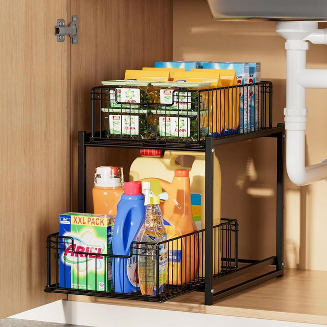 SILUB Under Sink Organizer, 2-Tier Pull Out Cabinet, Metal Bathroom Organizer and Storage Shelves, Spice Rack for Kitchen, Multi-use Sliding Drawers Shelves (1 Pack)