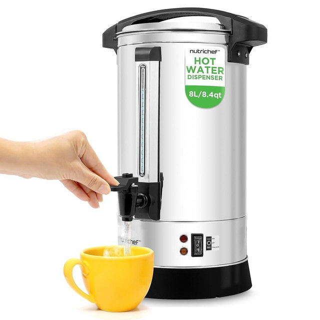 NutriChef Water Boiler and Hot Water Dispenser, 8L Electric Beverage Dispenser with Safety Lock Lid, Non-Drip Tap, Warm Function, Food Grade Stainless Steel, Home & Commercial Use, 19"x9"x9", Silver