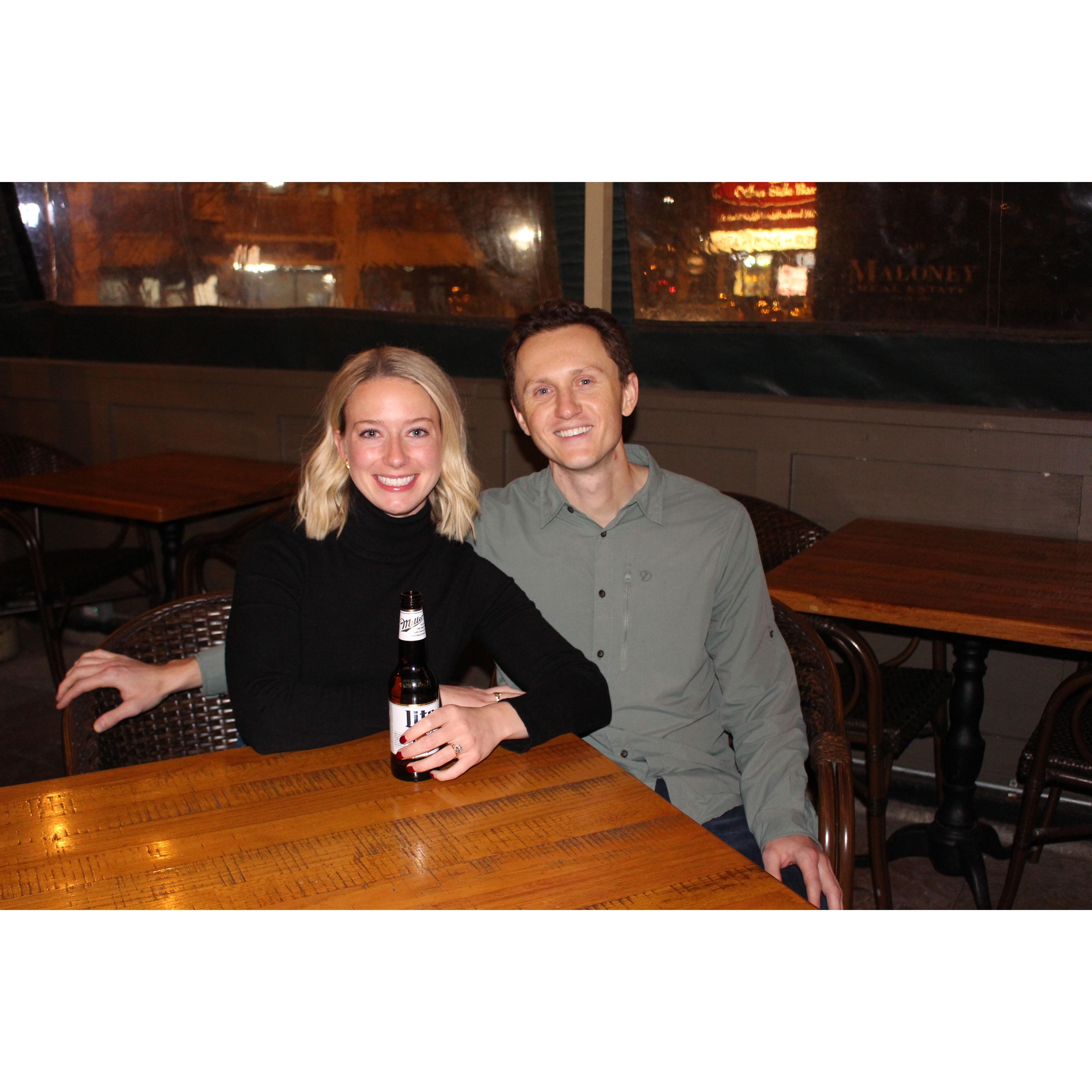 The night of our engagement - sitting in the exact 2 seats at the bar where we met for the first time