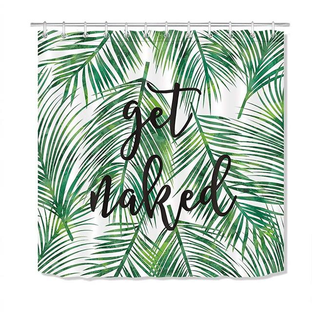 LB Green Tropical Coconut Palm Leaf Shower Curtain with Hooks,Black Font Get Naked Funny Bathroom Curtains 72x72 inch Waterproof Polyester Fabric
