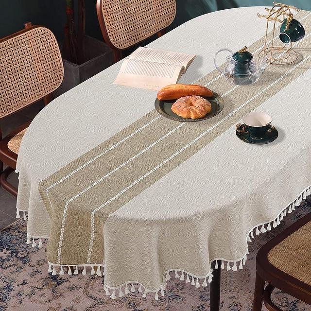 HOMBYS Solid Embroidery Oval Tablecloth with Tassels for Oval Table, 60 x 84 Inch Lace Dust-Proof Table Cover for Kitchen Dinning, Wrinkle Free Anti-Fading Tabletop Decoration