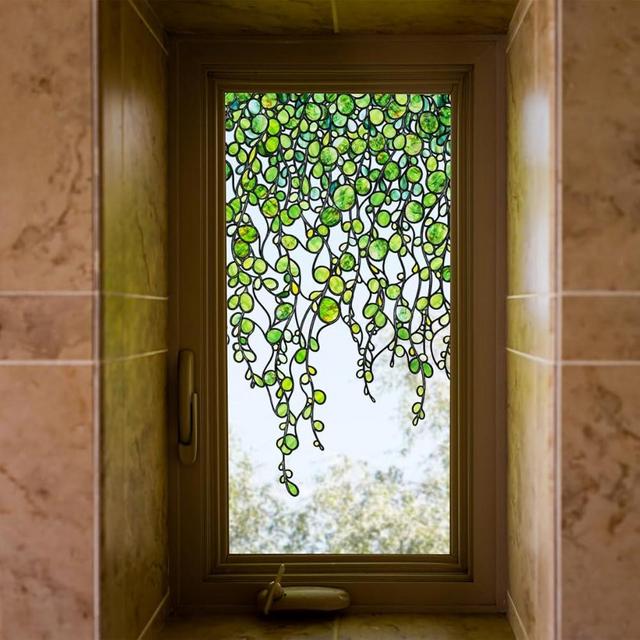 ChicSkin Original Hand Drawn Faux Stained Glass Window Hanging Clings，Double Sided See Through Green Window Film Floral for Living Room,Glass Front Door,Green Pearl Vine 12.99"X22.83"