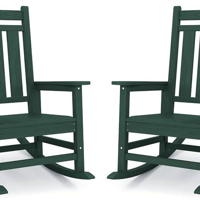 KINGYES Oversized Outdoor Rocking Chair Set of 2, All-Weather Patio Rocking Chairs for Porch, HDPE Outdoor Patio Recliner Rockers with High Back & Wide Seat for Garden, Lawn, Green