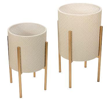 Leah White Patterned Raised Planters with Gold Stand, Set of 2