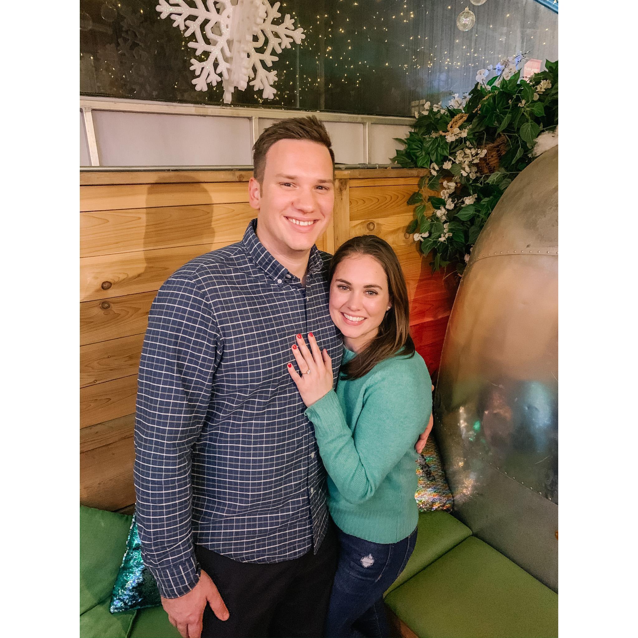 At the engagement party Ryan threw after we got engaged with family and friends at Homeslice pizza in Chicago.