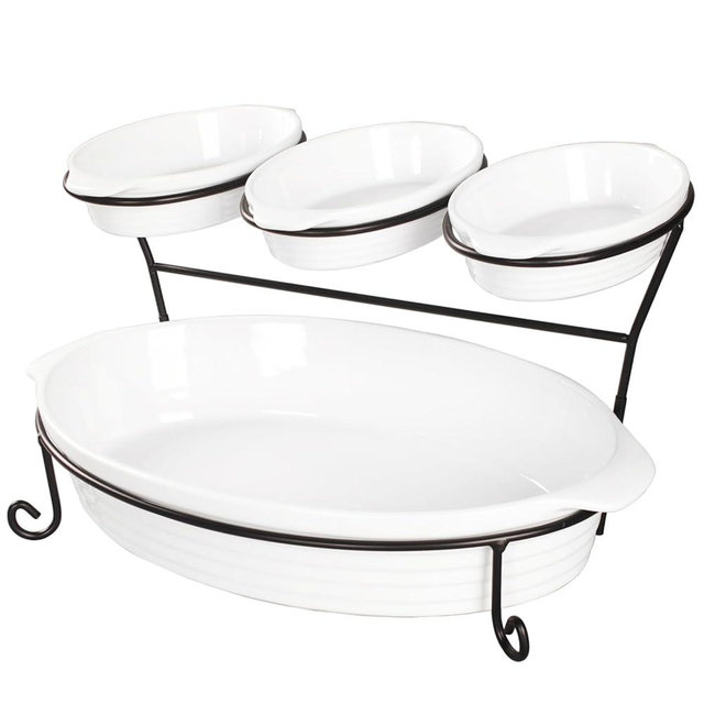Jinsongdafa Ceramic Double-Layer Tray with Foldable Black Stand and Handle for Food Display, Fruit, Multi-Purpose Tableware, Includes 1 16-inch Baking Pan and 3 8-inch Small Baking Pans