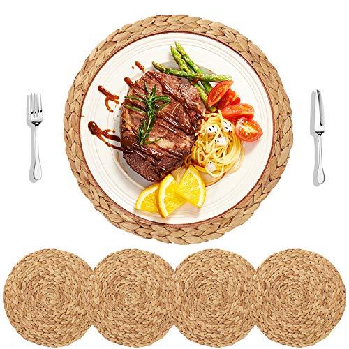 HomeDo 4Pack Large Round Woven Placemats for Dining Table, Water Hyacinth Straw Braided Placemat, Heat Resistant Non-Slip Weave Placemats Handmade(Grass-4, 11.8''(30cm)) … …