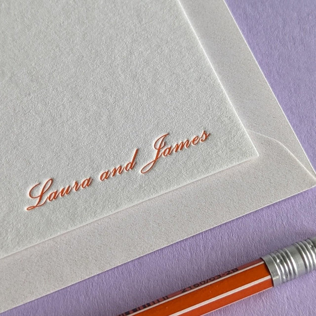 Personalised Script Letterpress Flat Notecards - Correspondence Cards - Choice of Ink Colour. Individual - Couple - Family Stationery