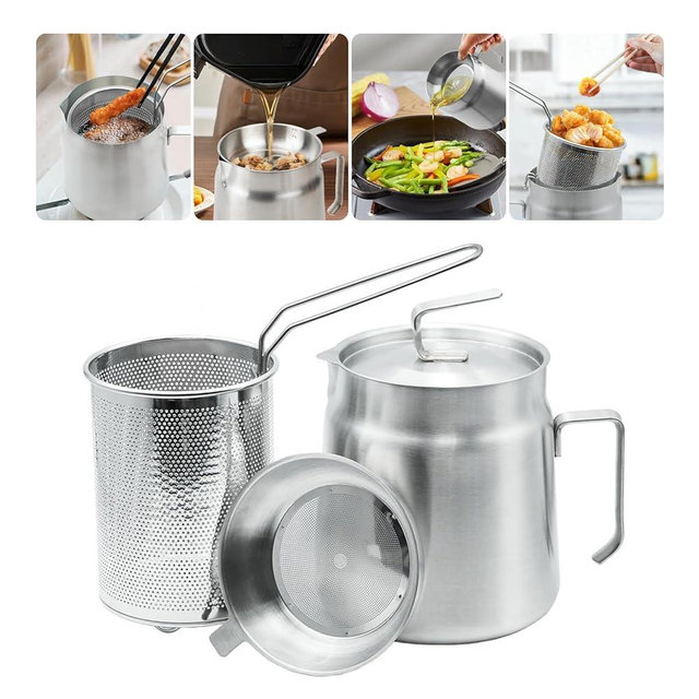 68oz Stainless Steel Oil Filter Pot with Deep Fryer Basket - Kitchen Large Capacity Versatile Oil Strainer Vessel and Bacon Grease Saver for Cooking Grease