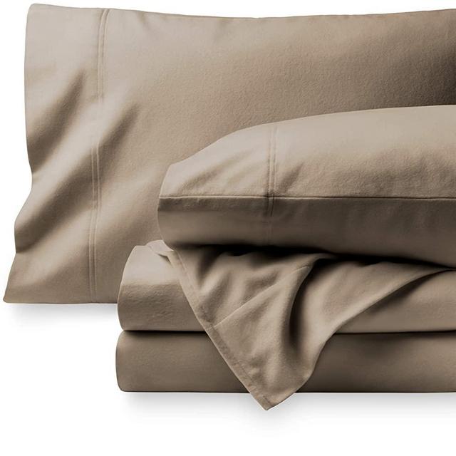 Bare Home Flannel Sheet Set 100% Cotton, Velvety Soft Heavyweight - Double Brushed Flannel - Deep Pocket (Queen, Taupe)