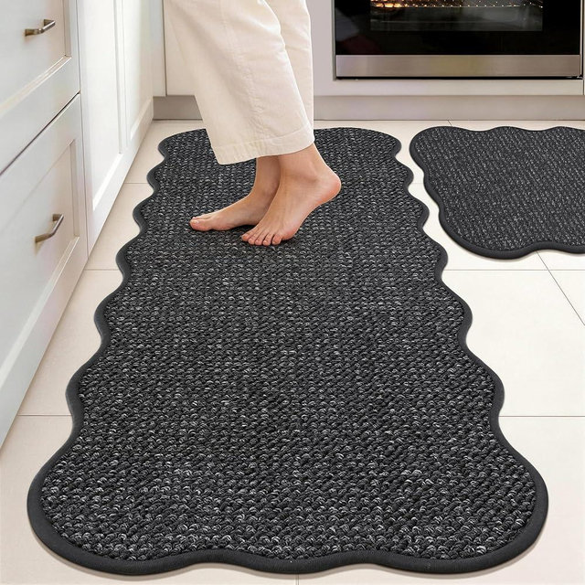 JSEI Scalloped Kitchen Rugs and Mats 2PCS, Kitchen Mats for Floor, Non-Slip Washable Kitchen Runner, Absorbent and Stain Resistant Rugs for Kitchen, Laundry & Sink, 17"x30"+17"x48", Charcoal