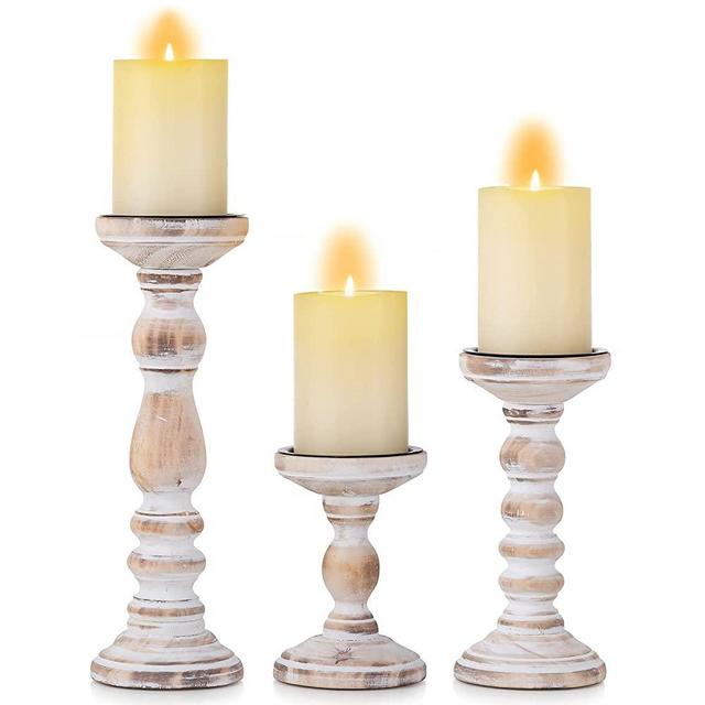Romadedi Candle Holder for Pillar Candles Set of 3 Decorative Wood Candlestick Holders, Rustic Wooden Candle Stand for Fireplace Mantle End Table Shelf in Farmhouse Style, Whitewashed 6”, 8.3”, 12”