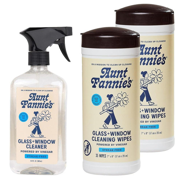Aunt Fannie's Glass & Window Cleaning Bundle, Vinegar Spray and Wipes, Natural Streak-Free Spray, Pack of 3