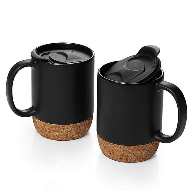 DOWAN 15 oz Coffee Mug Sets, Set of 2 Large Ceramic Mugs, with Insulated Cork and Splash Proof Mug Lid, Matte Grey