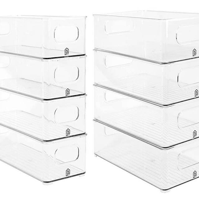 Plastic Kitchen Storage Organizer Set for Refrigerator, Pantry Shelf, Freezer, Cabinet Shelves - Clear Organization Bins for Food Storage Rack, Microwave Cart, Bathroom - Stackable 8 Pack